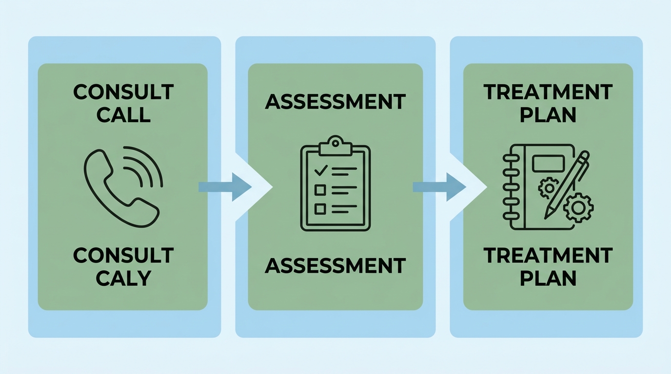 Three-step process for beginning addiction treatment: schedule a confidential consult call, complete a comprehensive assessment, and begin your personalized treatment plan.