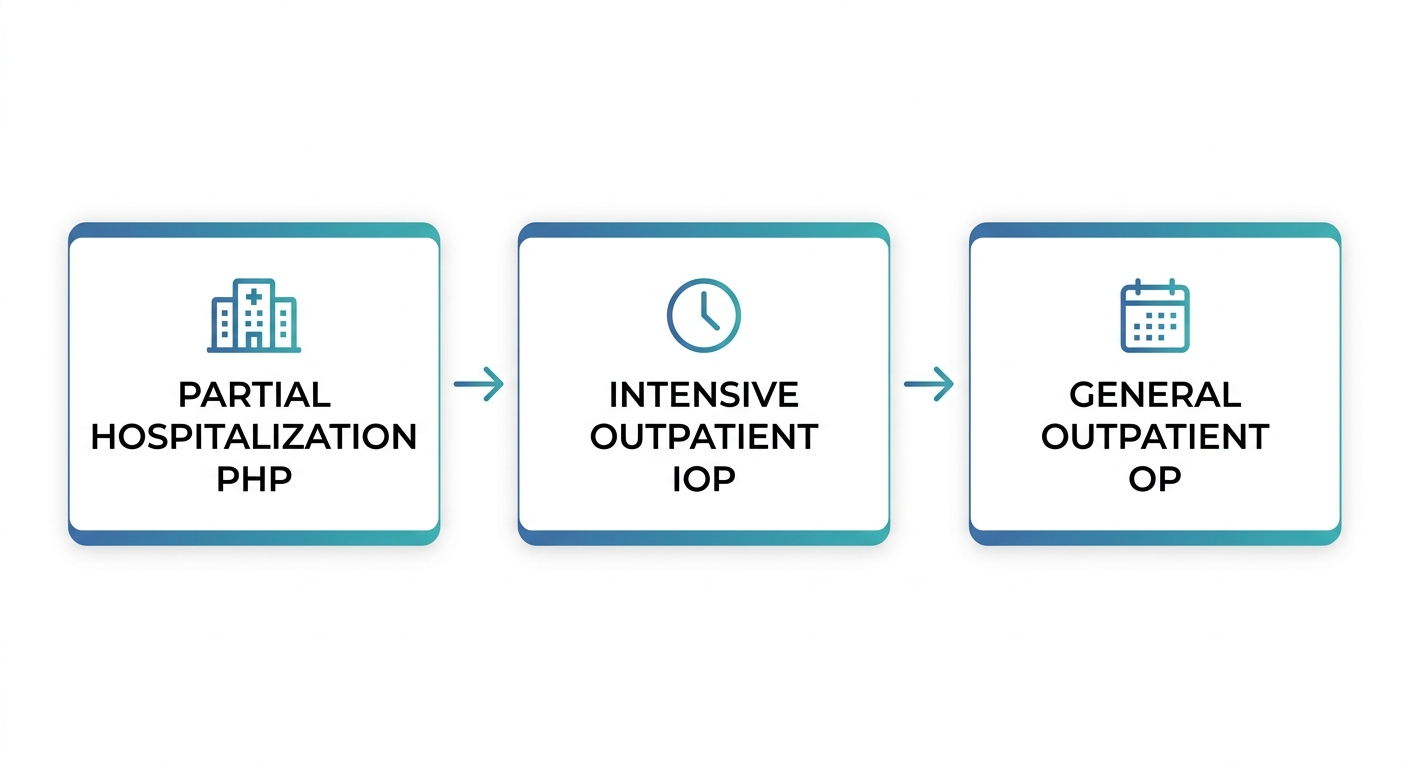 Three-stage process flow showing the continuum of outpatient care: Partial Hospitalization Program (PHP), Intensive Outpatient Program (IOP), and General Outpatient Program (OP) with icons and rightward arrows indicating step-down in intensity.