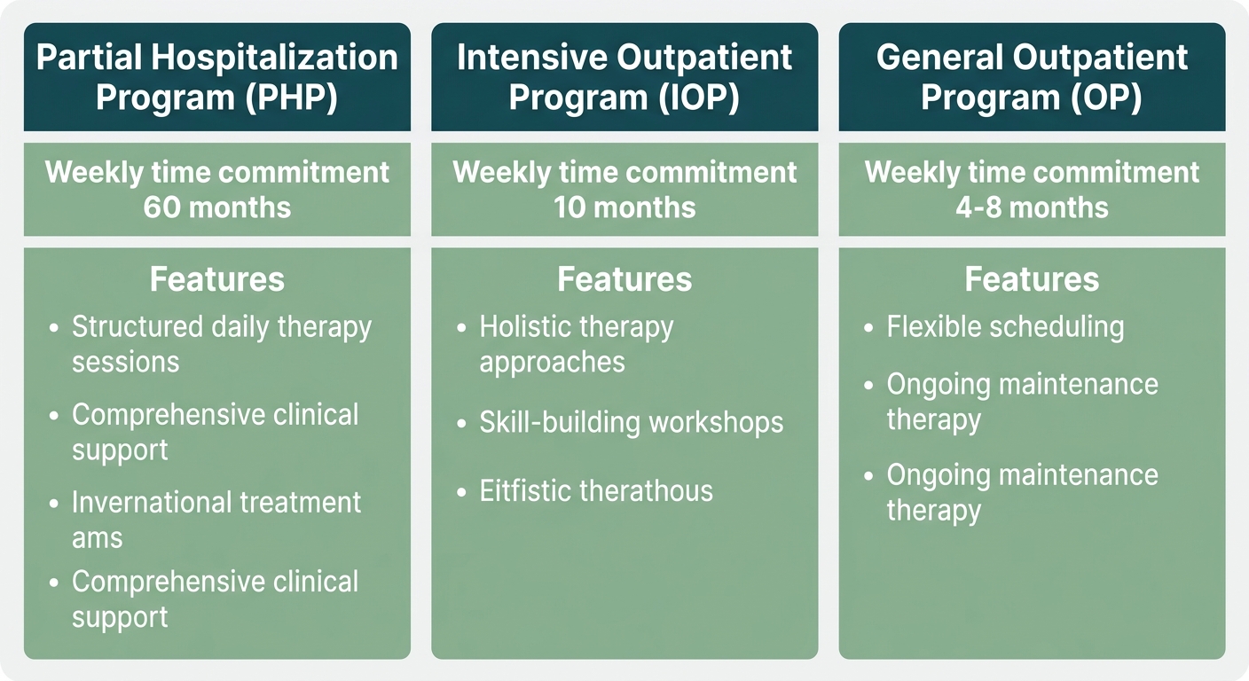 Outpatient addiction treatment levels of care comparison chart showing PHP, IOP, and OP programs with weekly time commitments and key features.