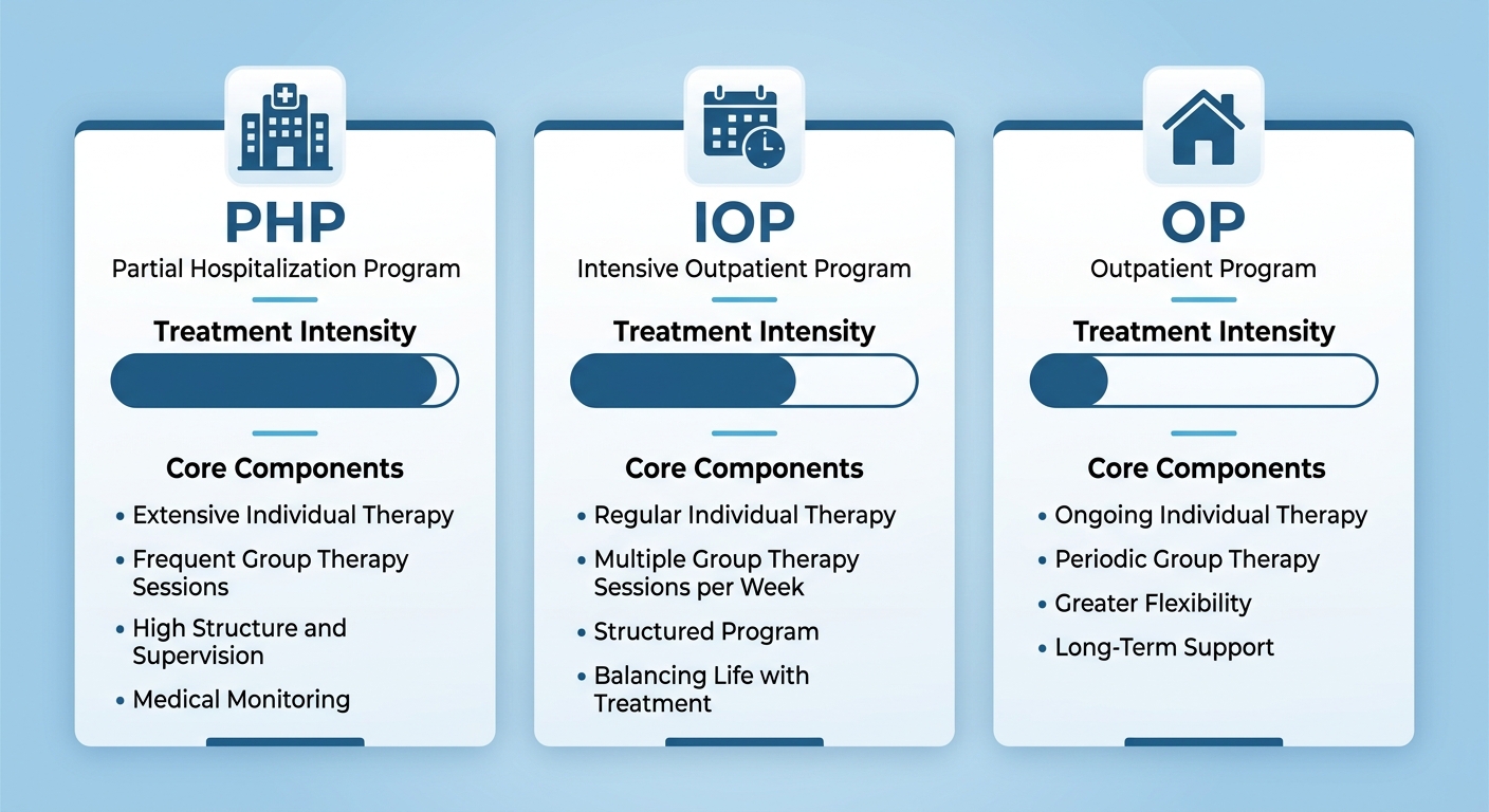 Comparative infographic of three levels of addiction treatment: Partial Hospitalization Program, Intensive Outpatient Program, and General Outpatient Program with matching icons and component lists