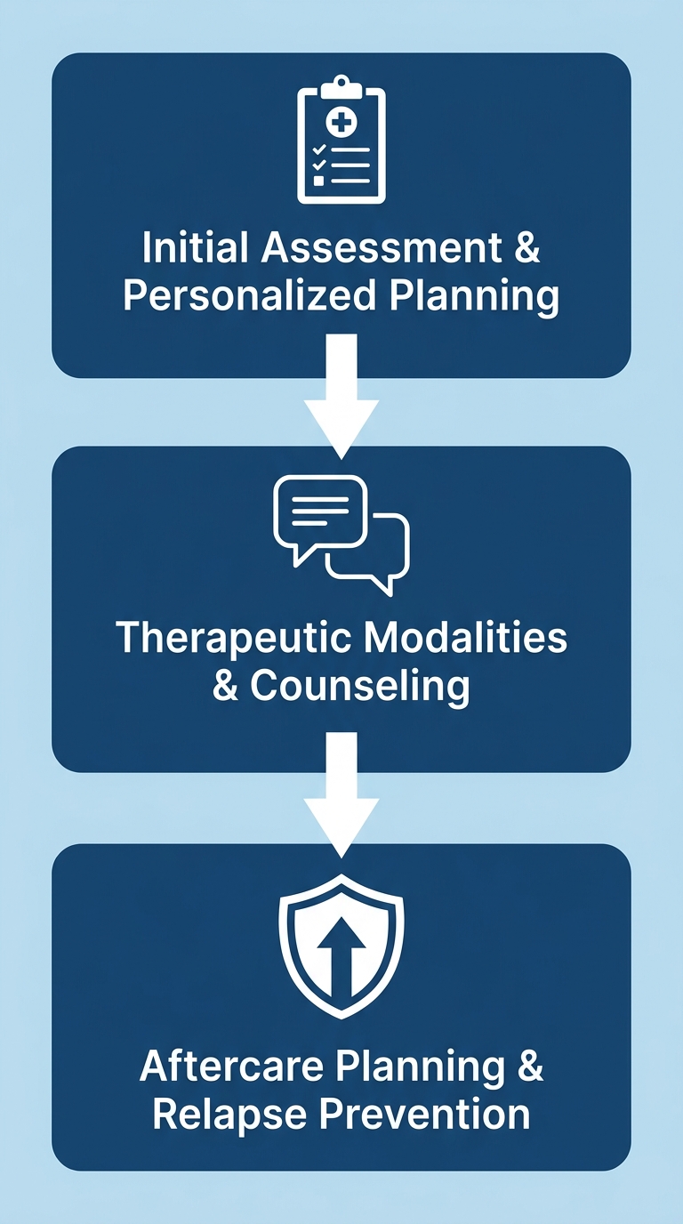 Flowchart showing the drug rehab journey in four stages from assessment to aftercare