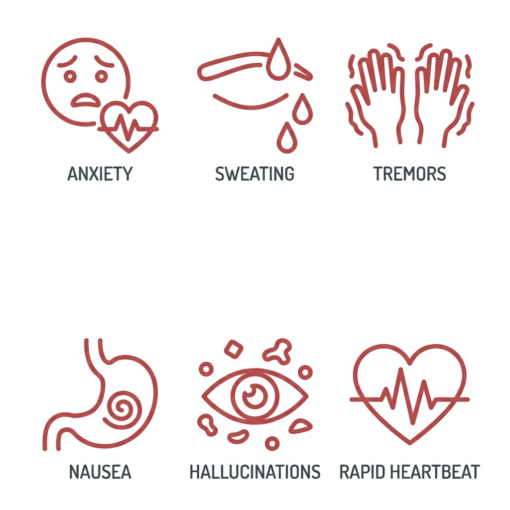 Icon set illustrating six warning signs of alcohol withdrawal: anxiety, sweating, tremors, nausea, hallucinations, and rapid heartbeat