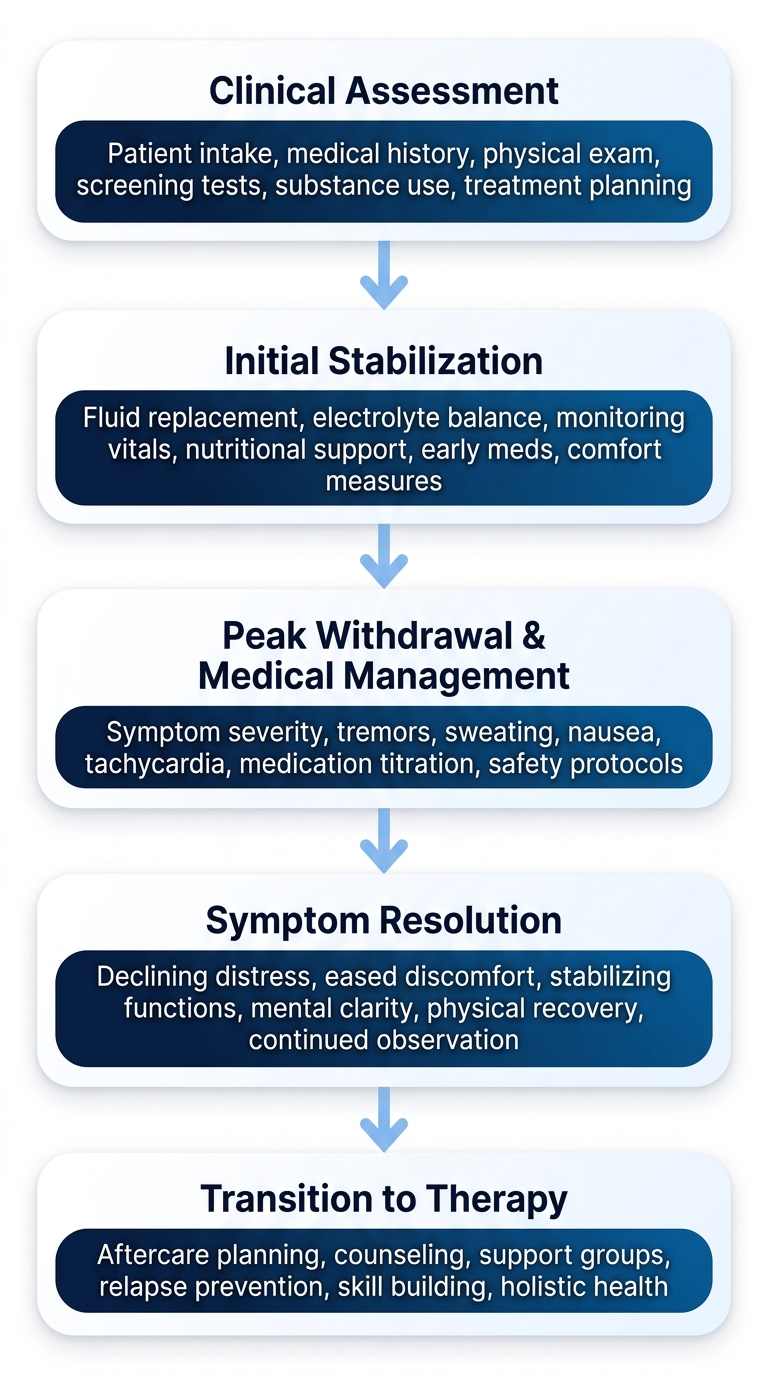 Vertical process flow of medically supervised alcohol detox stages: Clinical Assessment, Initial Stabilization, Peak Withdrawal and Medical Management, Symptom Resolution, and Transition to Therapy.