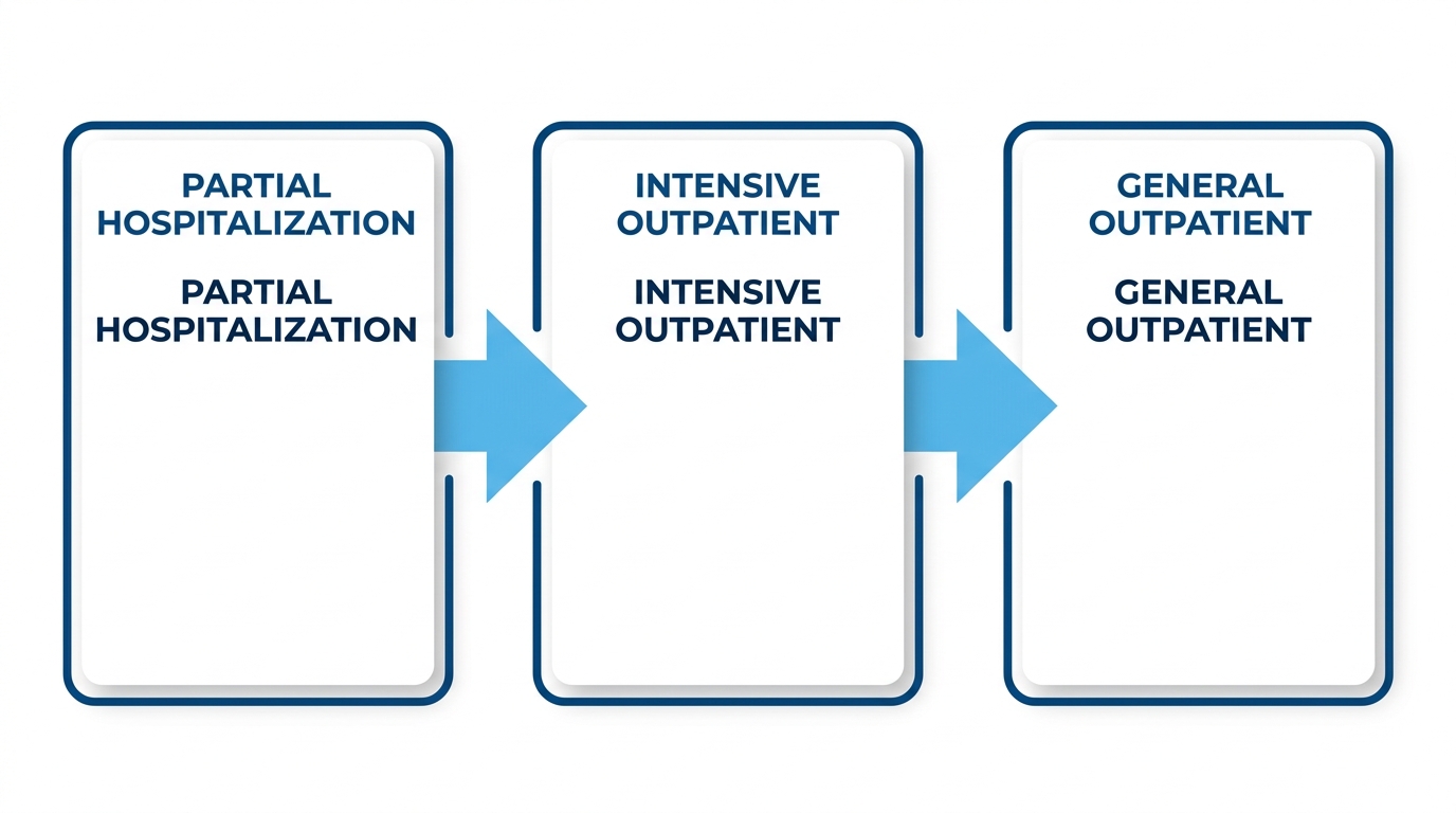 Flow diagram of three addiction treatment levels: Partial Hospitalization Program, Intensive Outpatient Program, and General Outpatient Program with connecting arrows
