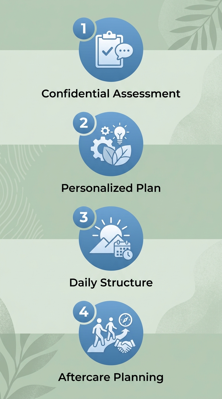 Four-step process flow showing the addiction treatment journey from consultation to aftercare