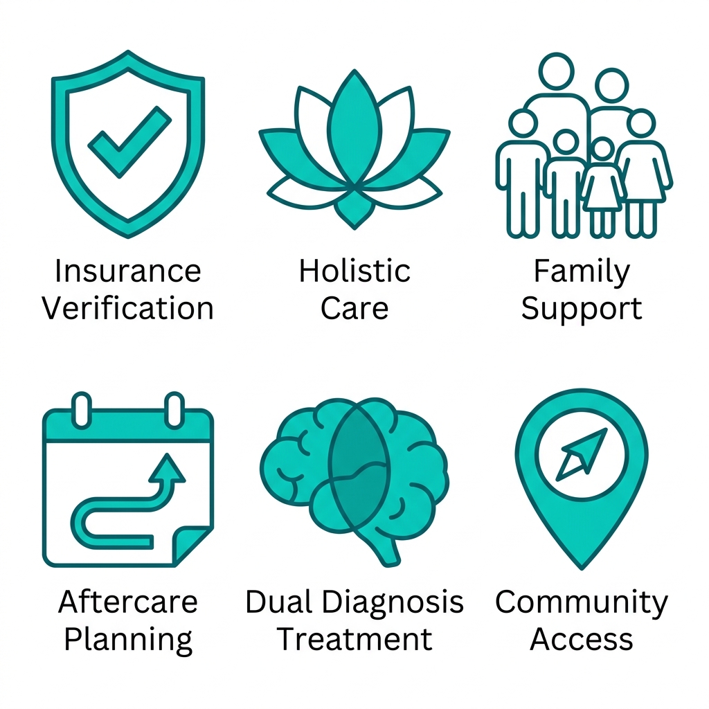 Icon set showing six key benefits of local alcohol rehab: insurance verification, holistic care, family support, aftercare planning, dual diagnosis treatment, and community access