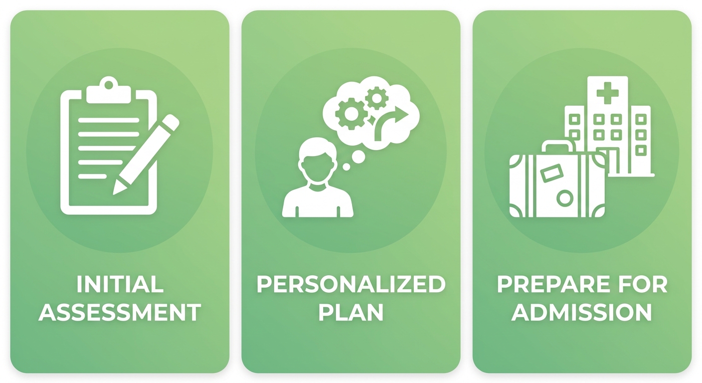 Three-step drug rehab intake process flow showing initial assessment, personalized treatment plan, and preparation for admission.