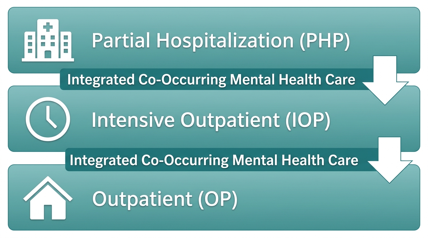 Vertical process flow of addiction treatment levels of care, showcasing Partial Hospitalization, Intensive Outpatient, and Outpatient stages with a banner for integrated co-occurring mental health care.