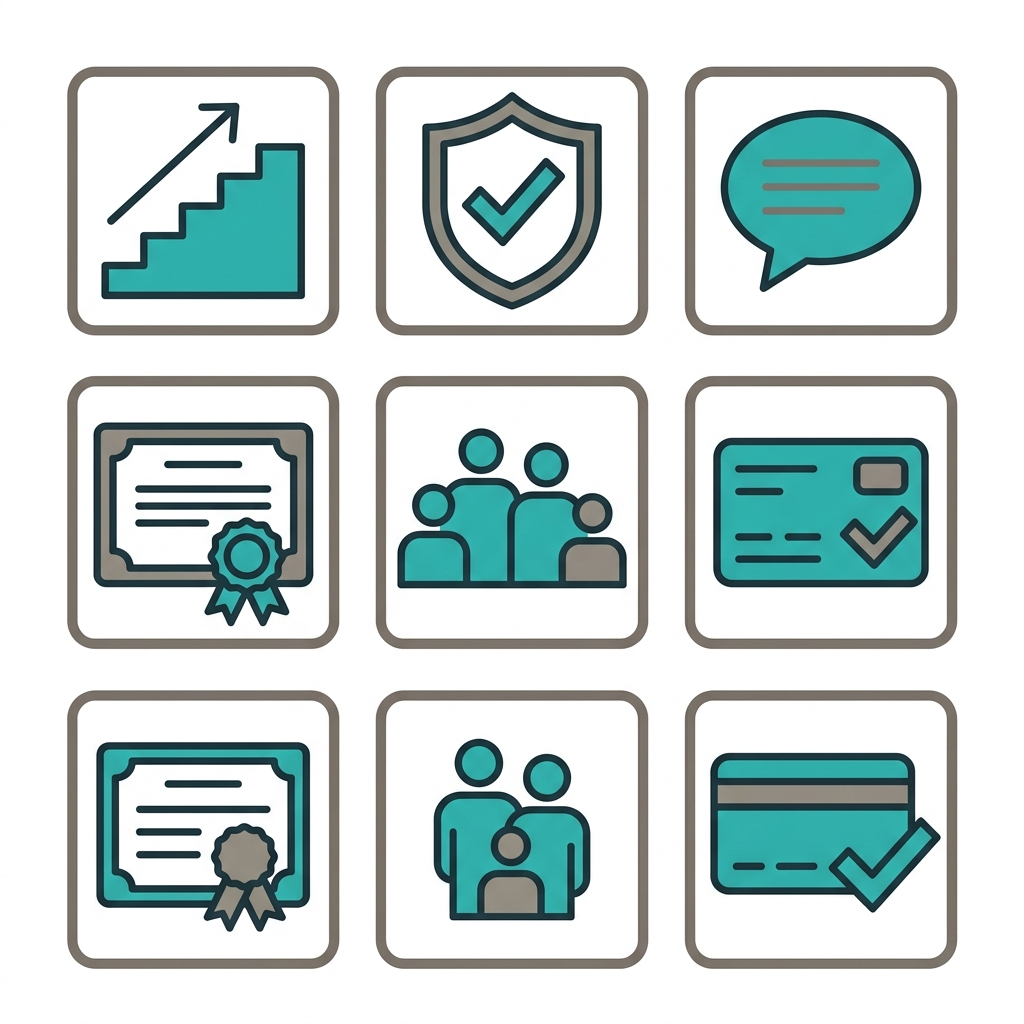 Icon set of 6 symbols representing key questions for evaluating a rehab program: levels of care, accreditation, therapy types, staff qualifications, family involvement, and insurance acceptance.