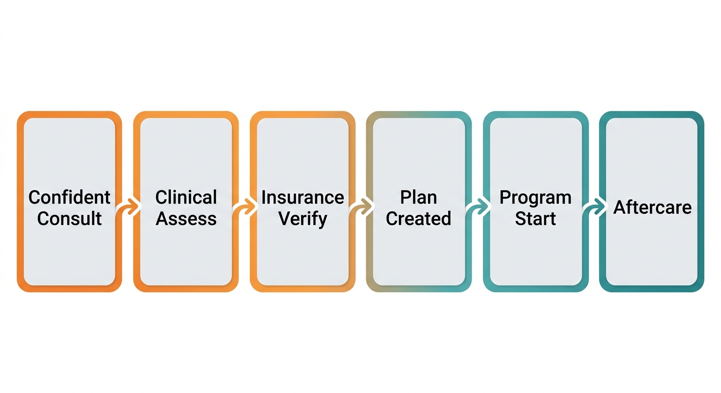 Step-by-step admission and treatment process flow at Rosewood Recovery: consultation, assessment, insurance verification, treatment plan, program participation, aftercare.
