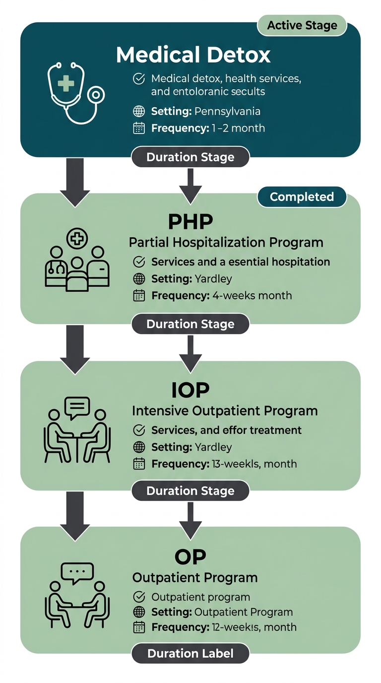 Four stages of alcohol rehab continuum showing step-down care intensity
