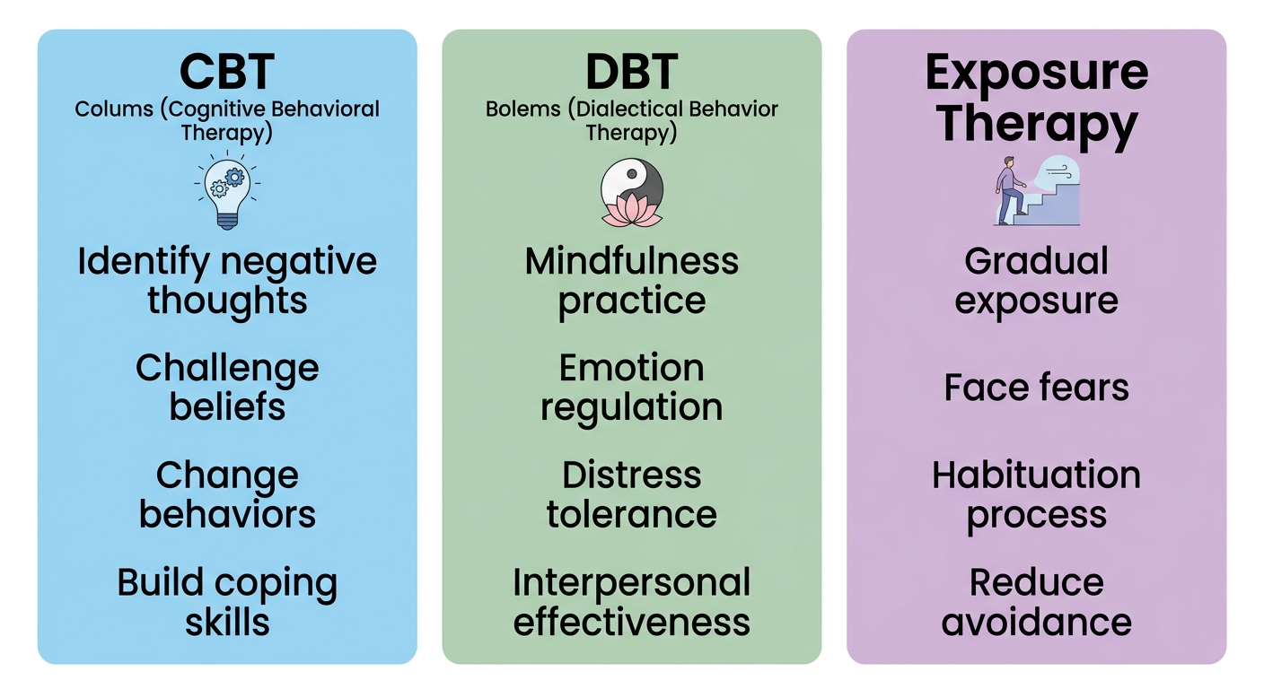 A calming, professional infographic comparing CBT, DBT, and Exposure Therapy for anxiety with color-coded columns and icons