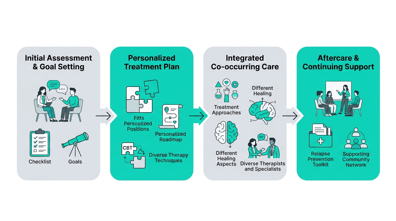 Anxiety therapy process flow at Rosewood Recovery with four steps from initial assessment to continuing support