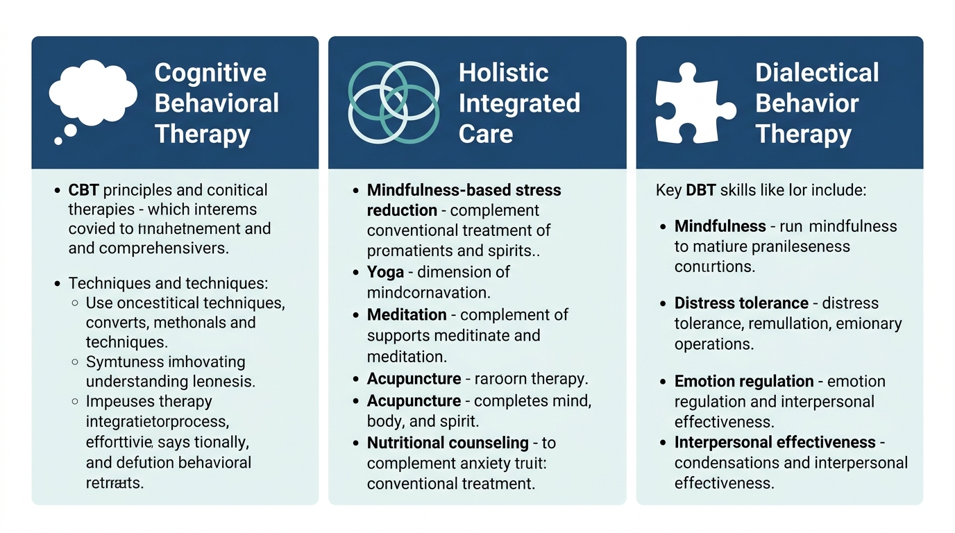 Infographic comparing Cognitive Behavioral Therapy, Dialectical Behavior Therapy, and Holistic Integrated Care at Rosewood Recovery's Newtown facility in Pennsylvania