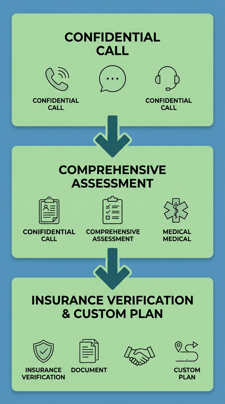 Three-step rehab intake process at Rosewood Recovery in Newtown, Pennsylvania: confidential call, comprehensive assessment, and insurance verification with custom plan.