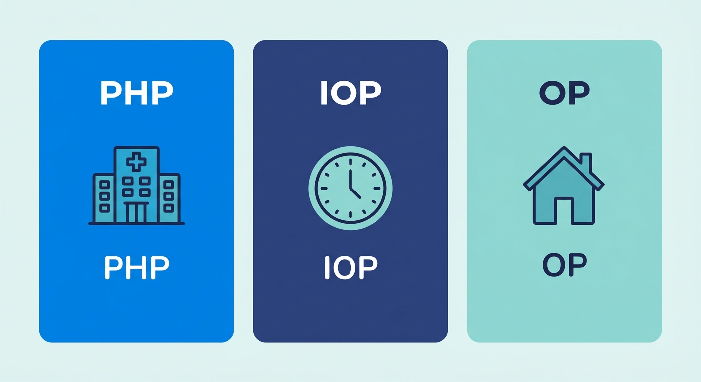 Three-column infographic comparing Partial Hospitalization Program (PHP), Intensive Outpatient Program (IOP), and General Outpatient Program (OP) using color-coded icons and minimal labels.