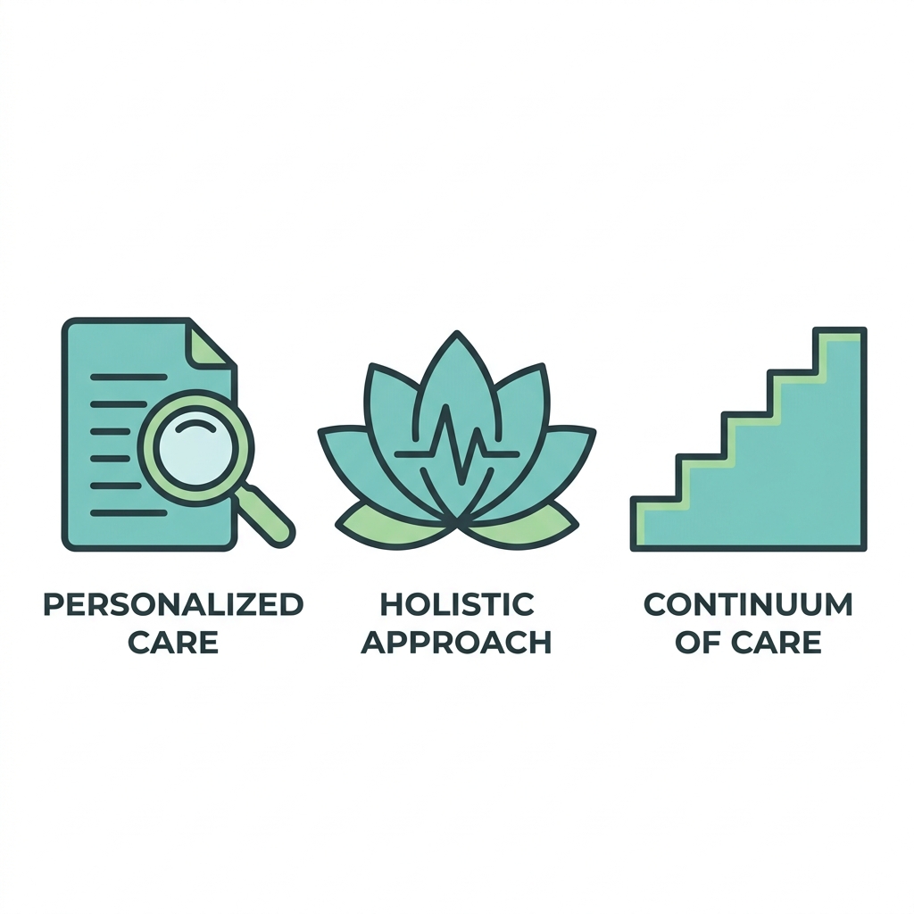 Set of three flat icons for Rosewood Recovery anxiety therapy benefits: personalized care plan, holistic approach, and continuum of care