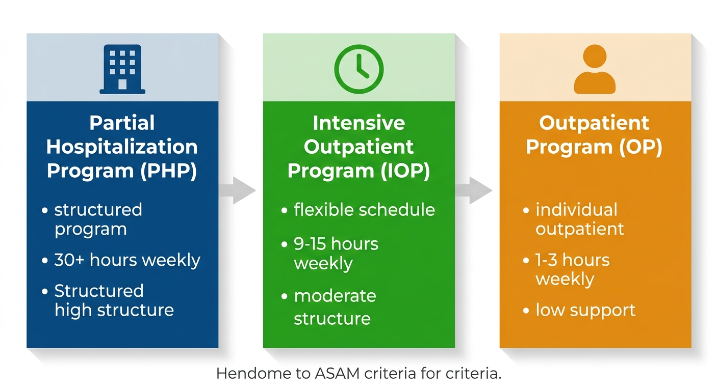 Comparison of PHP, IOP, and OP levels of alcohol rehab care in Newtown, Pennsylvania, showing hours and structure