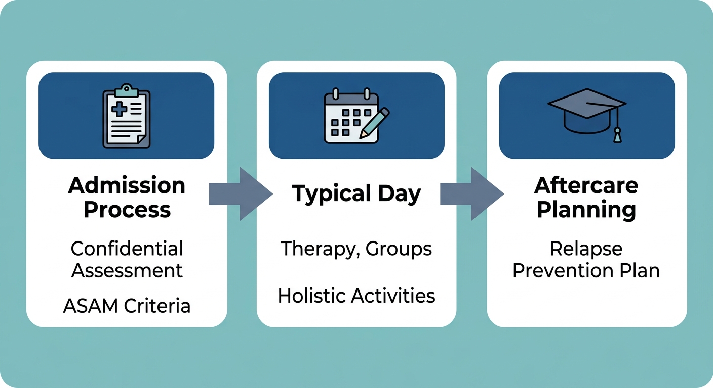 Three-stage horizontal process flow diagram showing Rosewood Recovery alcohol rehab program stages from admission to aftercare