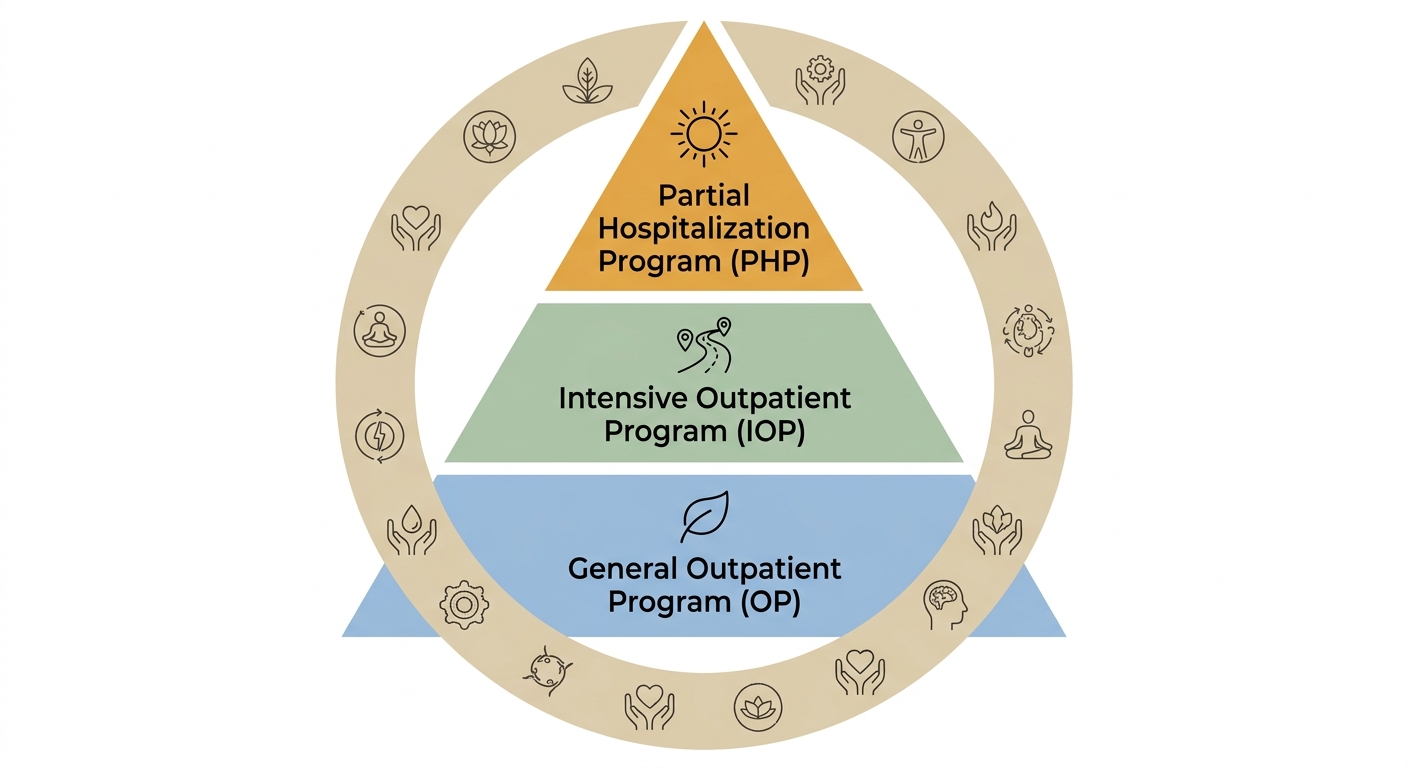 Infographic of three depression treatment programs offered by Rosewood Recovery in Newtown, Pennsylvania: Partial Hospitalization Program, Intensive Outpatient Program, and General Outpatient Program, with holistic therapy ring