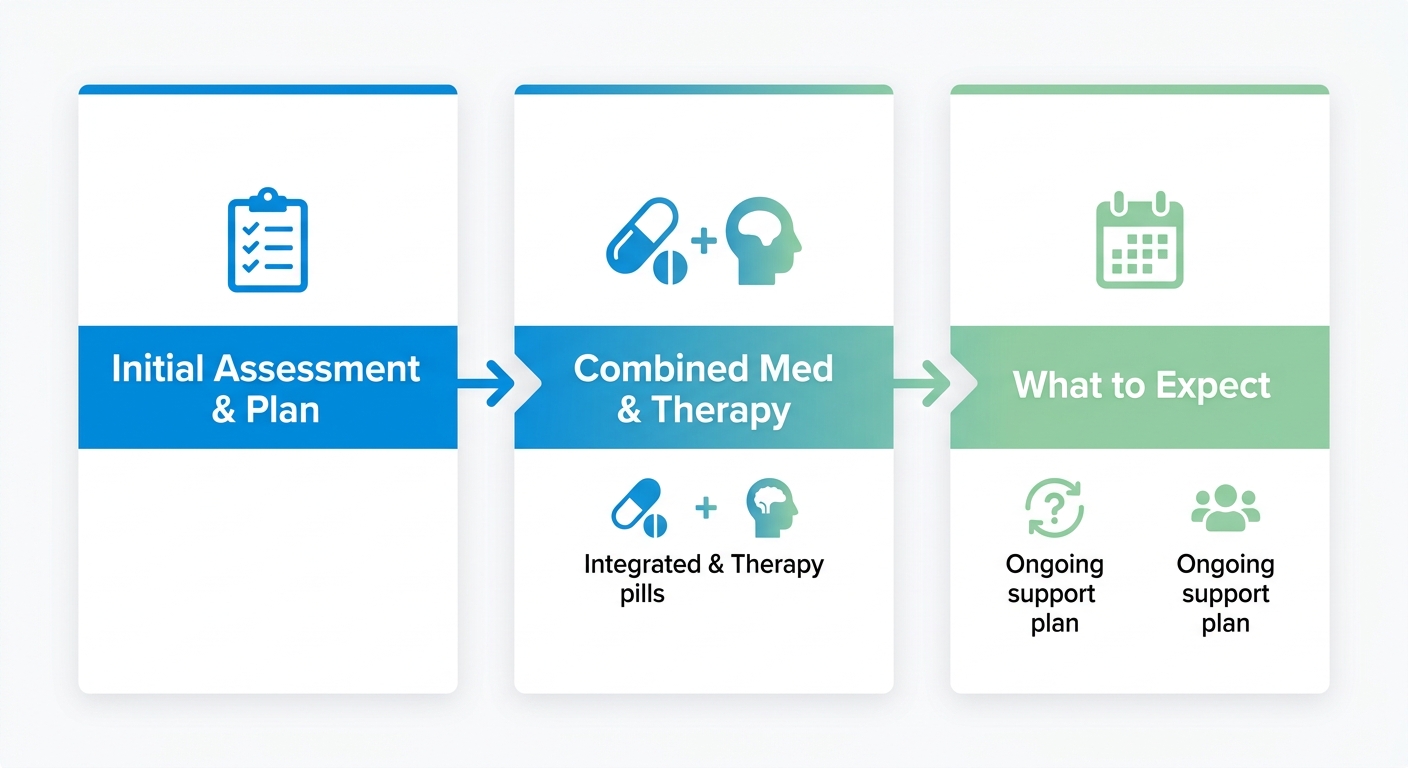 Three-stage integrated depression treatment process flow diagram showing initial assessment, combined medication and therapy, and what to expect stages