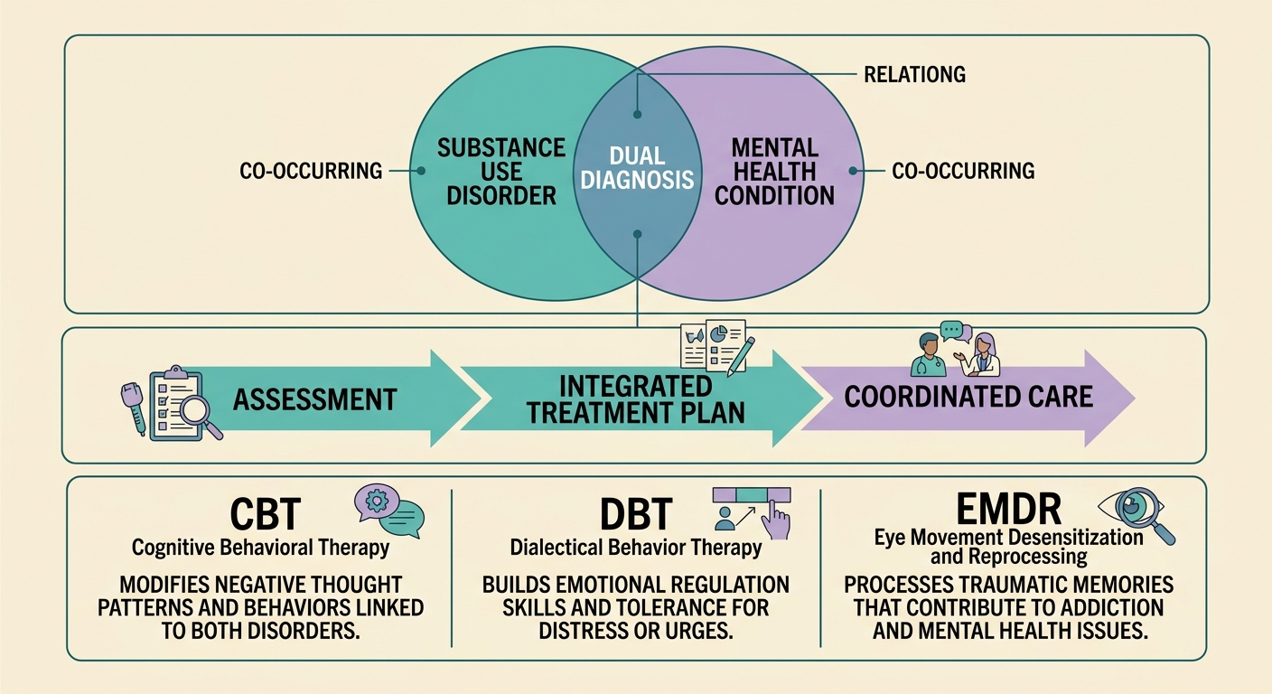 Infographic illustrating dual diagnosis with overlapping substance use and mental health conditions, integrated care approach, and evidence-based therapies.