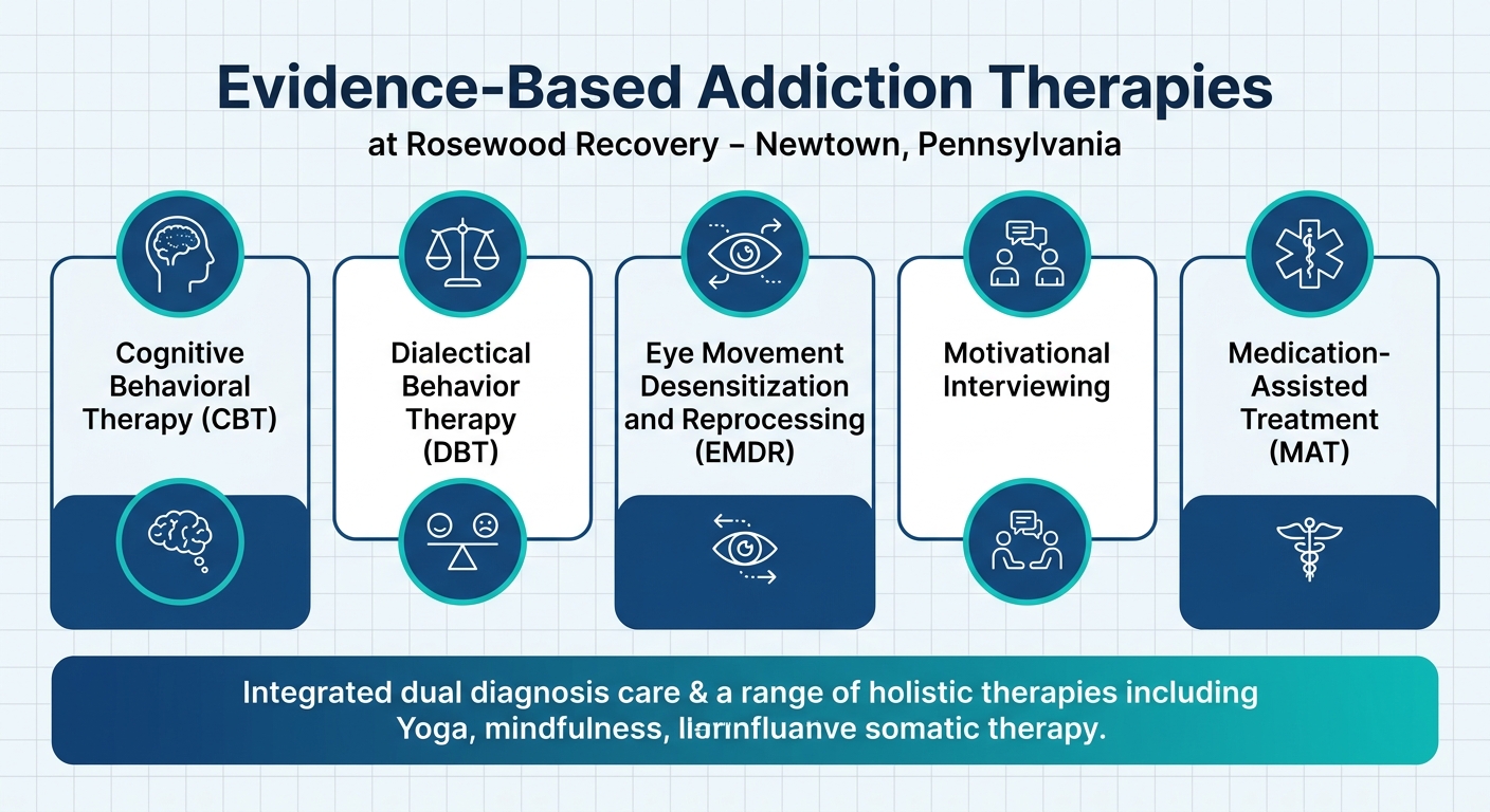 Professional infographic illustrating five core evidence-based therapies for addiction treatment in Newtown, Pennsylvania: cognitive behavioral therapy, dialectical behavior therapy, eye movement desensitization and reprocessing, motivational interviewing, and medication-assisted treatment, with a unified bar highlighting dual diagnosis care and holistic therapies.