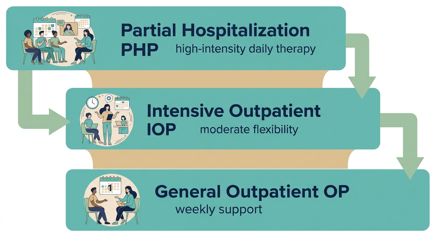 Three-tier addiction treatment program comparison infographic showing PHP, IOP, and OP levels with connecting arrows