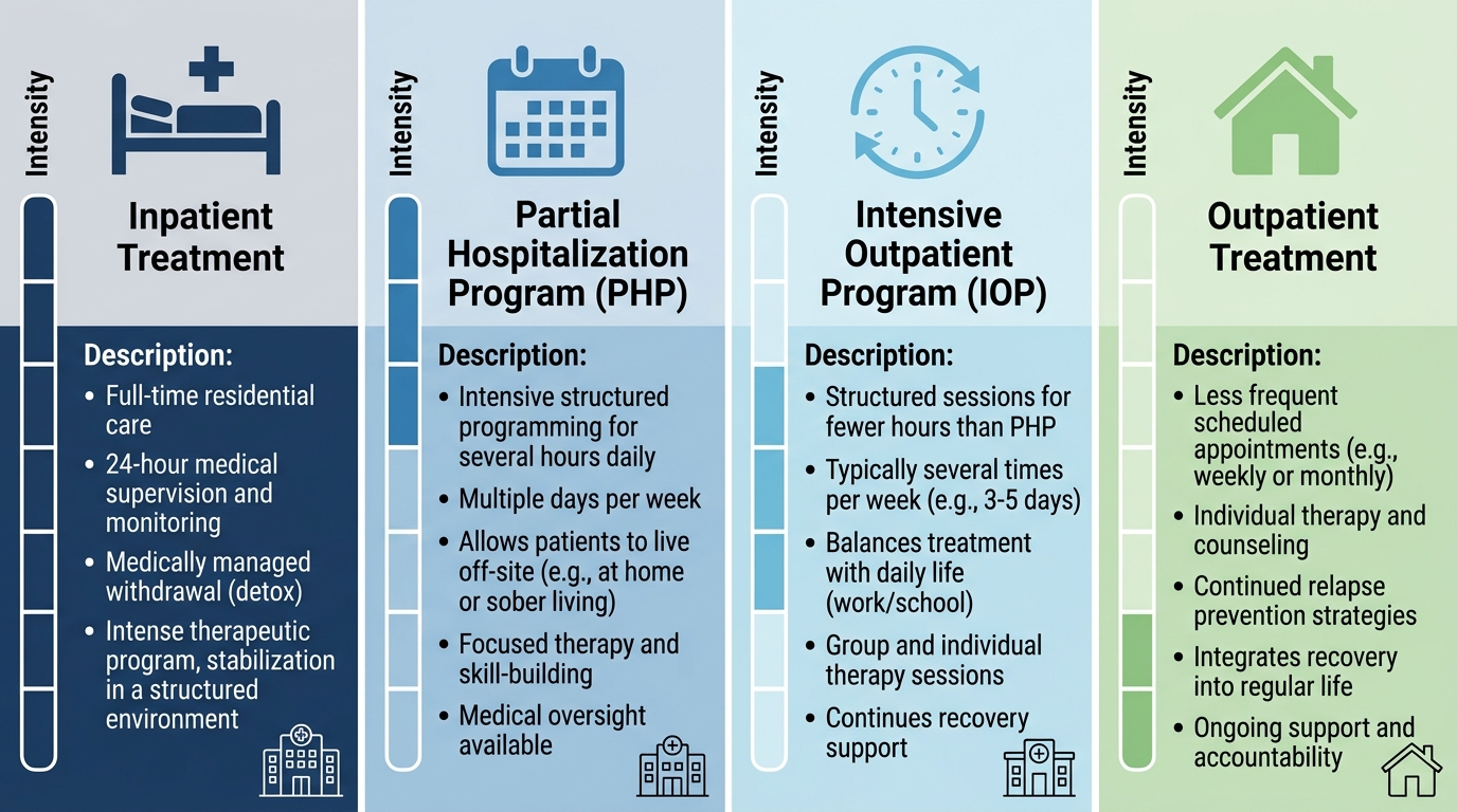 Informative graphic comparing four levels of addiction treatment care in Bucks County
