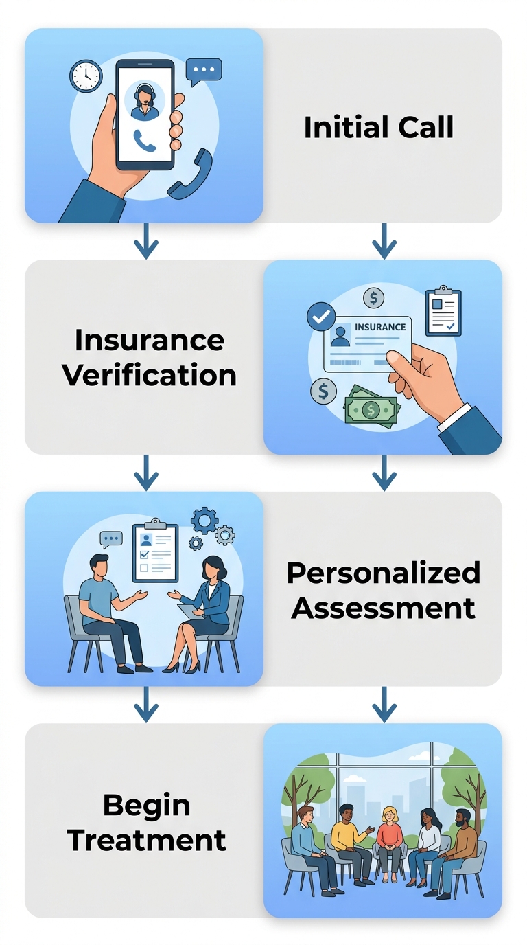 Four-step drug rehab admission journey showing initial call, insurance verification, personalized assessment, and beginning treatment