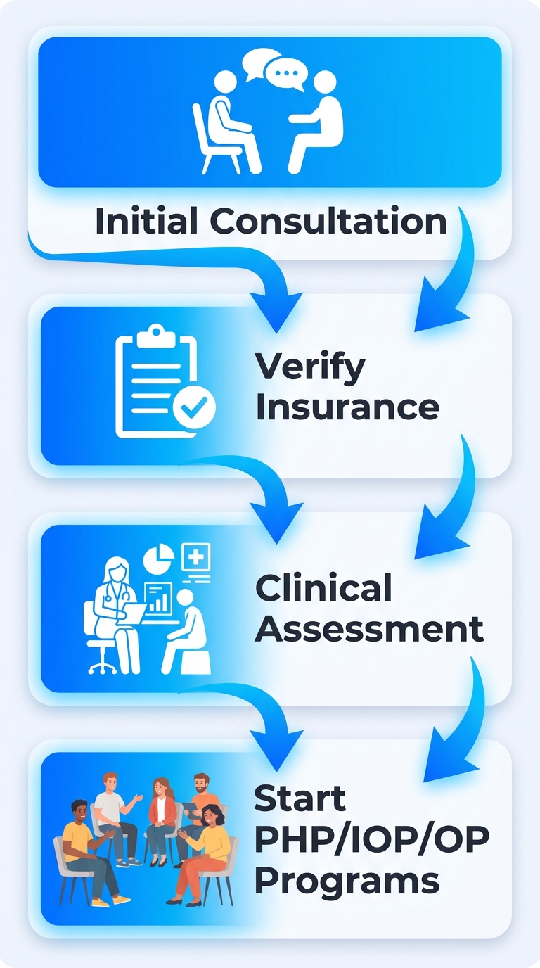 Vertical process flow showing addiction treatment journey from consultation to therapy programs.