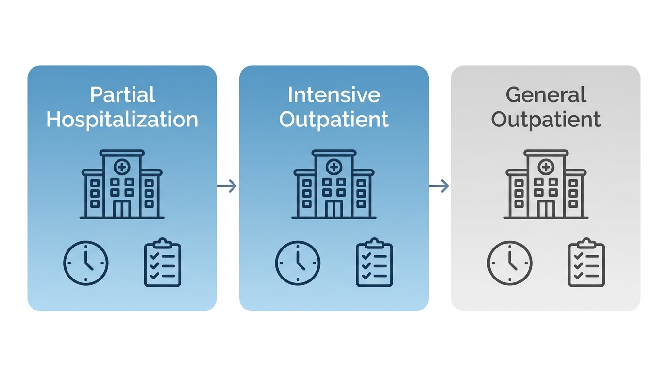 Horizontal process-flow diagram showing three connected stages of outpatient care: partial hospitalization, intensive outpatient, and general outpatient programs at Rosewood Recovery.