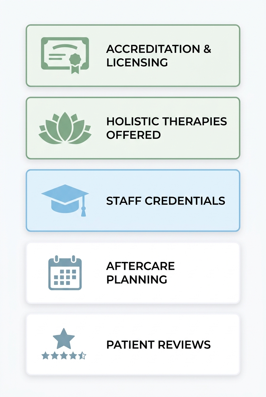 Five checklist items for choosing a drug rehab center with icons for accreditation, holistic therapies, staff credentials, aftercare, and patient reviews