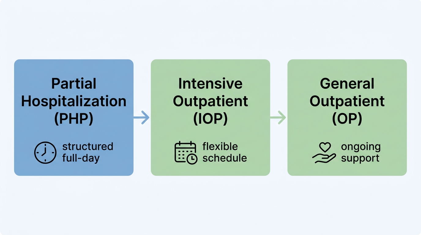 A horizontal process flow diagram showing three levels of addiction care at Rosewood Recovery: Partial Hospitalization Program (PHP) with structured full-day icon, Intensive Outpatient Program (IOP) with flexible schedule icon, and General Outpatient Program (OP) with ongoing support icon. Calming blue and green tones on a clean white background.