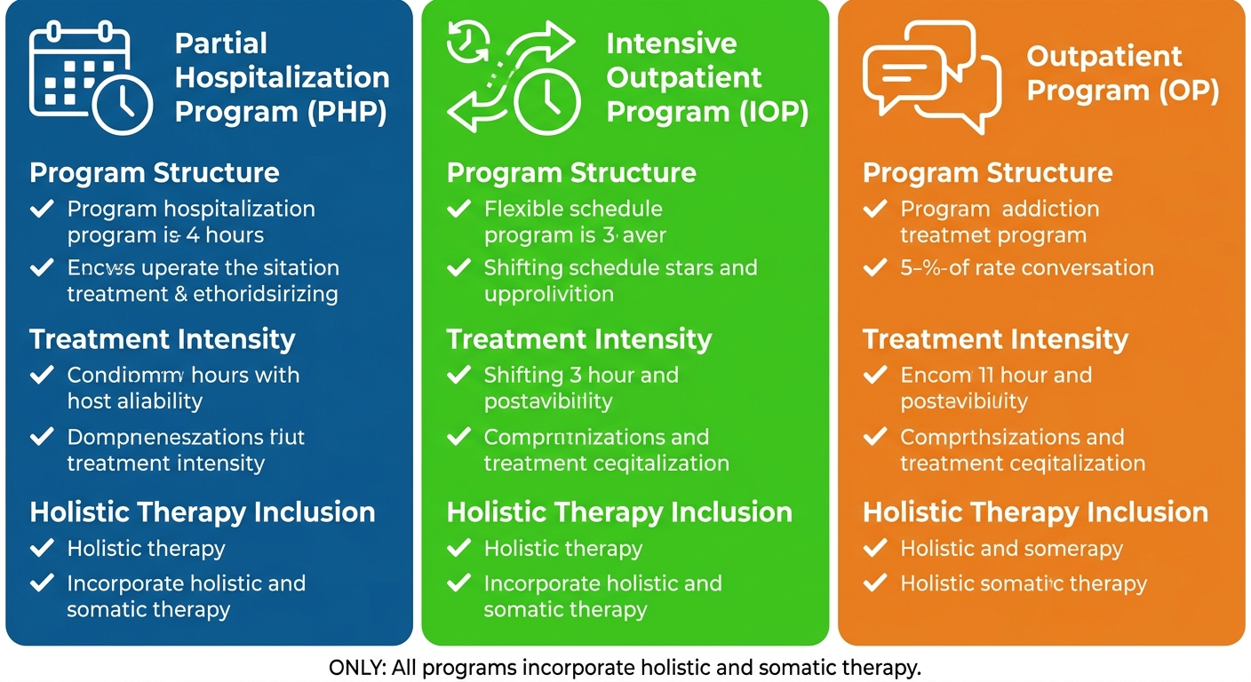 Three-column comparison chart of addiction treatment program levels: Partial Hospitalization (PHP), Intensive Outpatient (IOP), and Outpatient (OP). Each column shows a program name with an icon, lists structure and intensity details, and includes checkmarks for holistic therapy inclusion. Color-coded: PHP blue, IOP green, OP orange. Modern, clean design.
