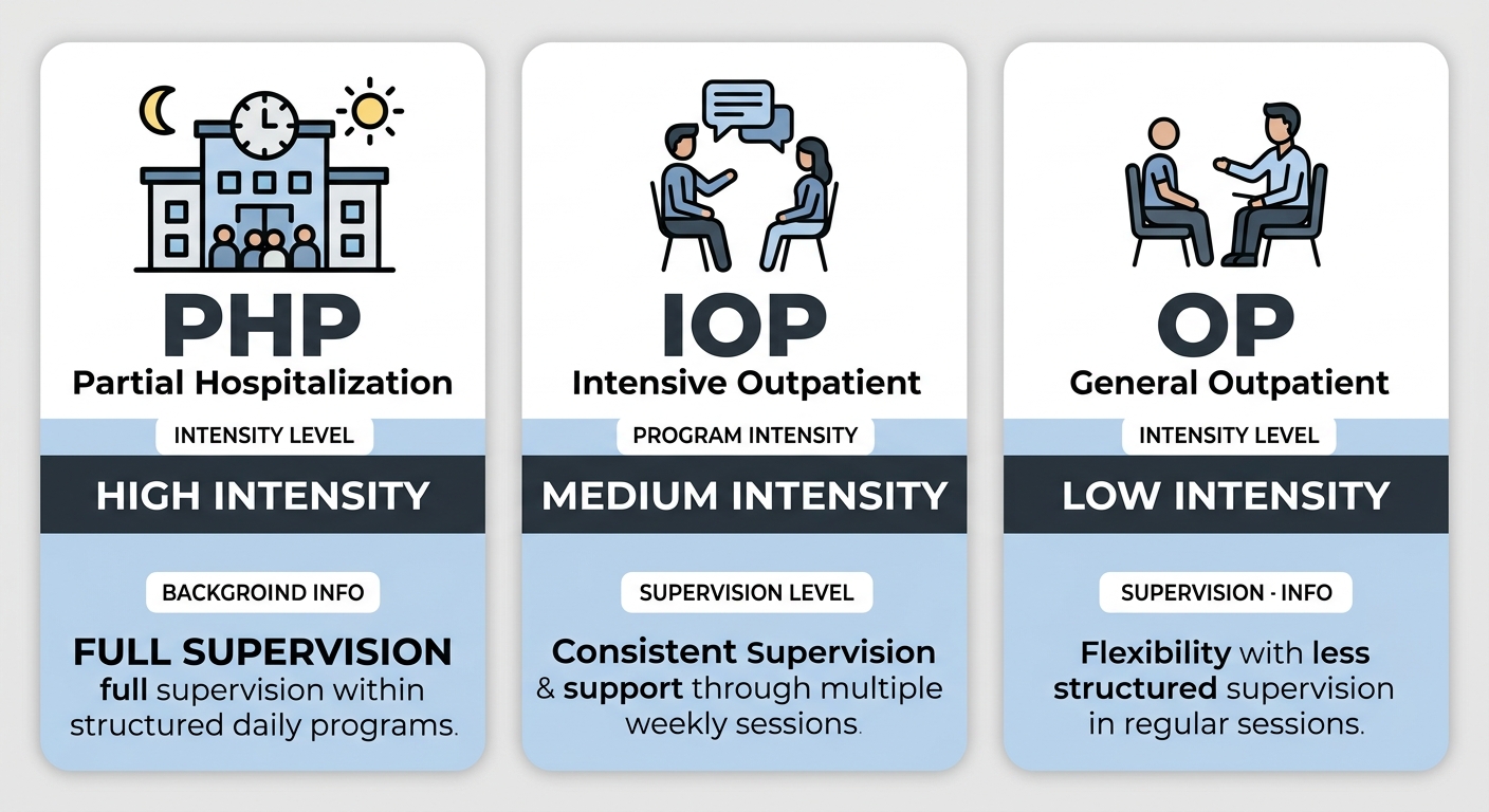 Infographic comparing three outpatient treatment levels: PHP, IOP, and OP, with program intensity and supervision details, serving Warminster Heights and available at Rosewood Recovery in Newtown.