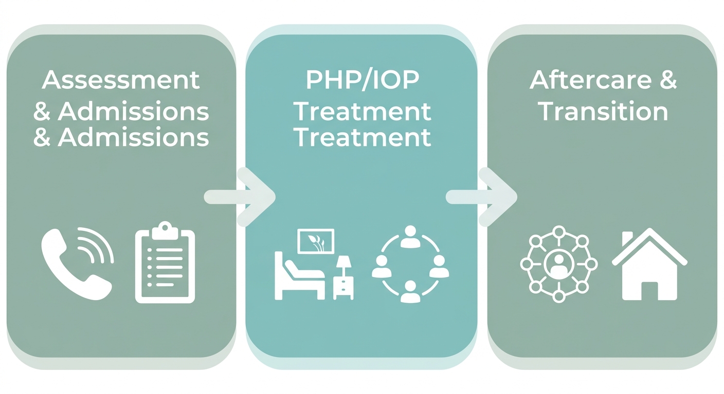 Three-step process for alcohol rehab: Assessment and Admissions, PHP/IOP Treatment, Aftercare and Transition, connected by arrows