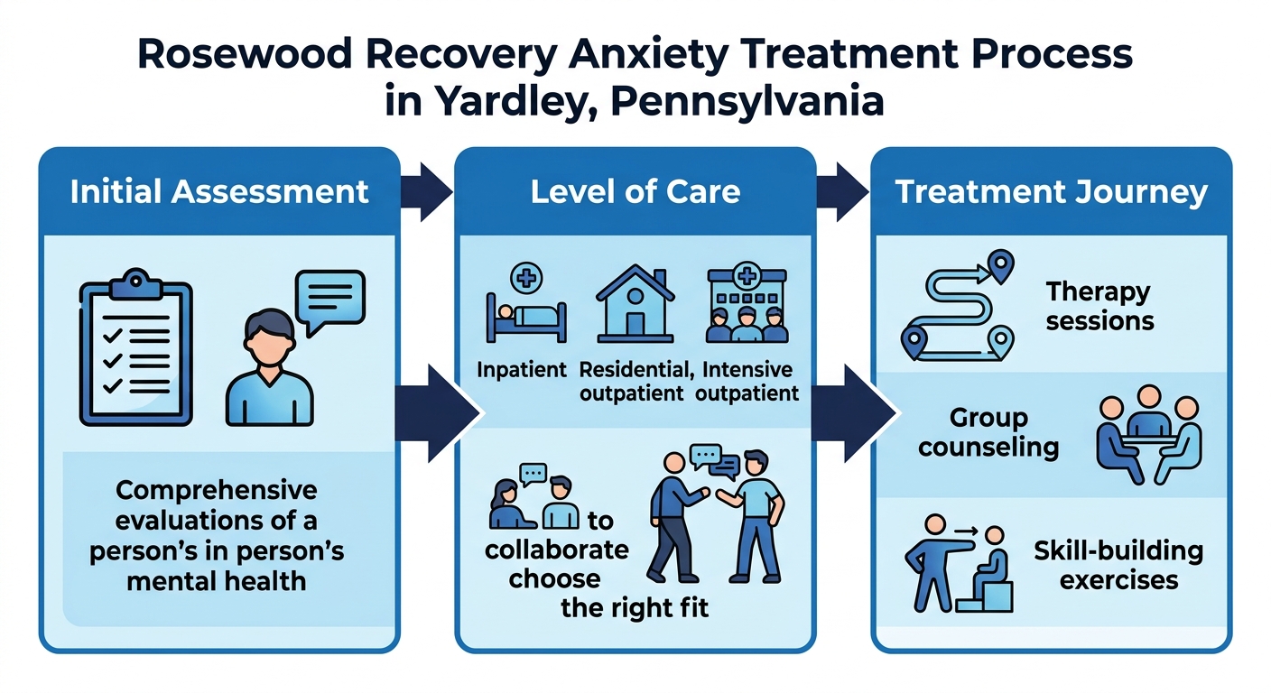 Three stages of anxiety treatment process at Rosewood Recovery: initial assessment, level of care determination, and treatment journey, shown horizontally with blue color scheme.