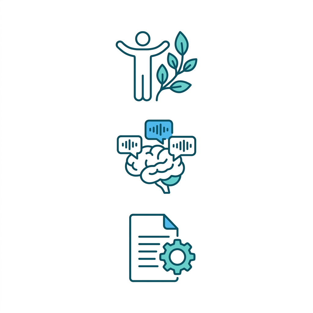 Three icons representing benefits of integrated depression counseling: comprehensive care for mind and body, evidence-based therapies for lasting change, and personalized treatment plans.