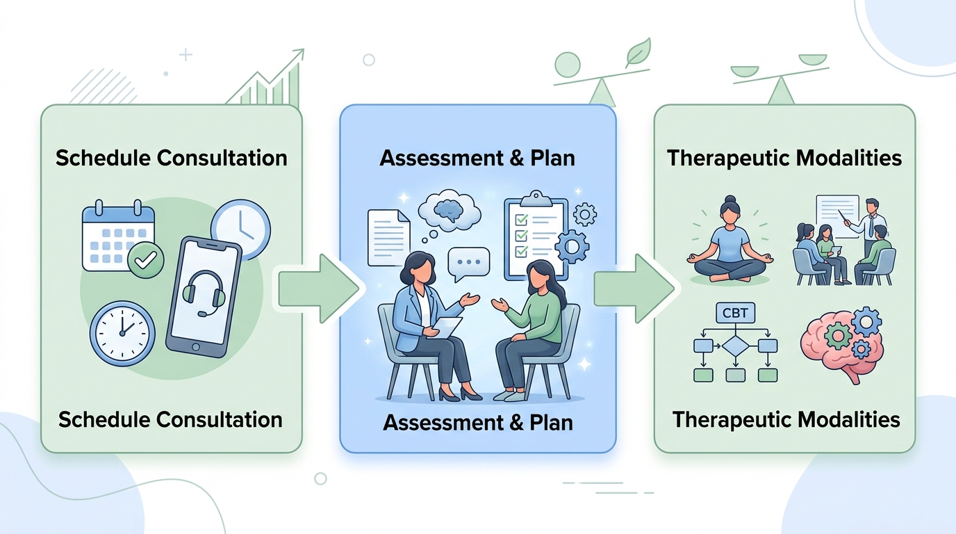 Horizontal process flow diagram for depression counseling at Rosewood Recovery showing three steps: Schedule a Consultation, Assessment & Personalized Treatment Plan, and Therapeutic Modalities in Action.