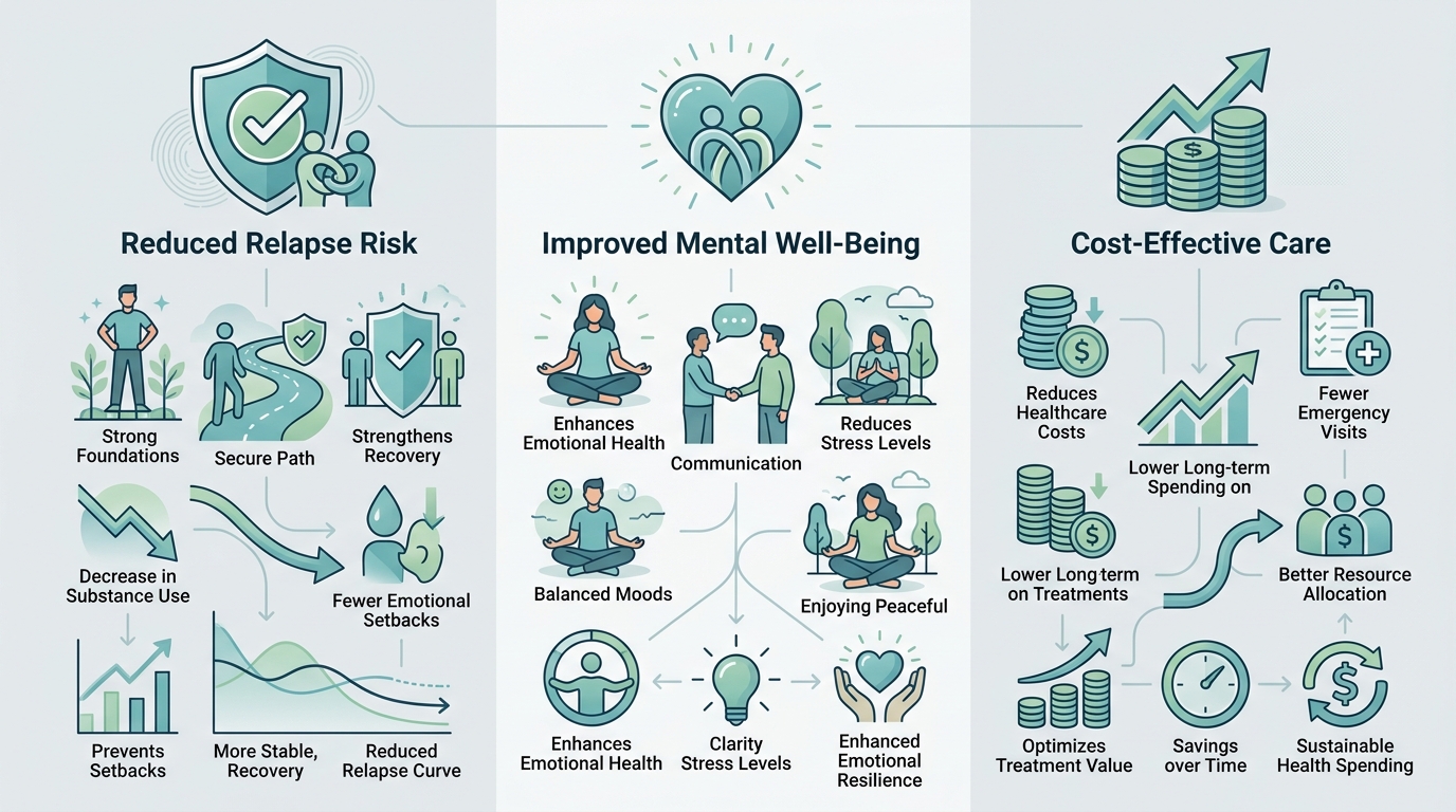 Infographic showing three benefits of integrated anxiety and addiction treatment: reduced relapse risk, improved mental well-being, and cost-effective care.