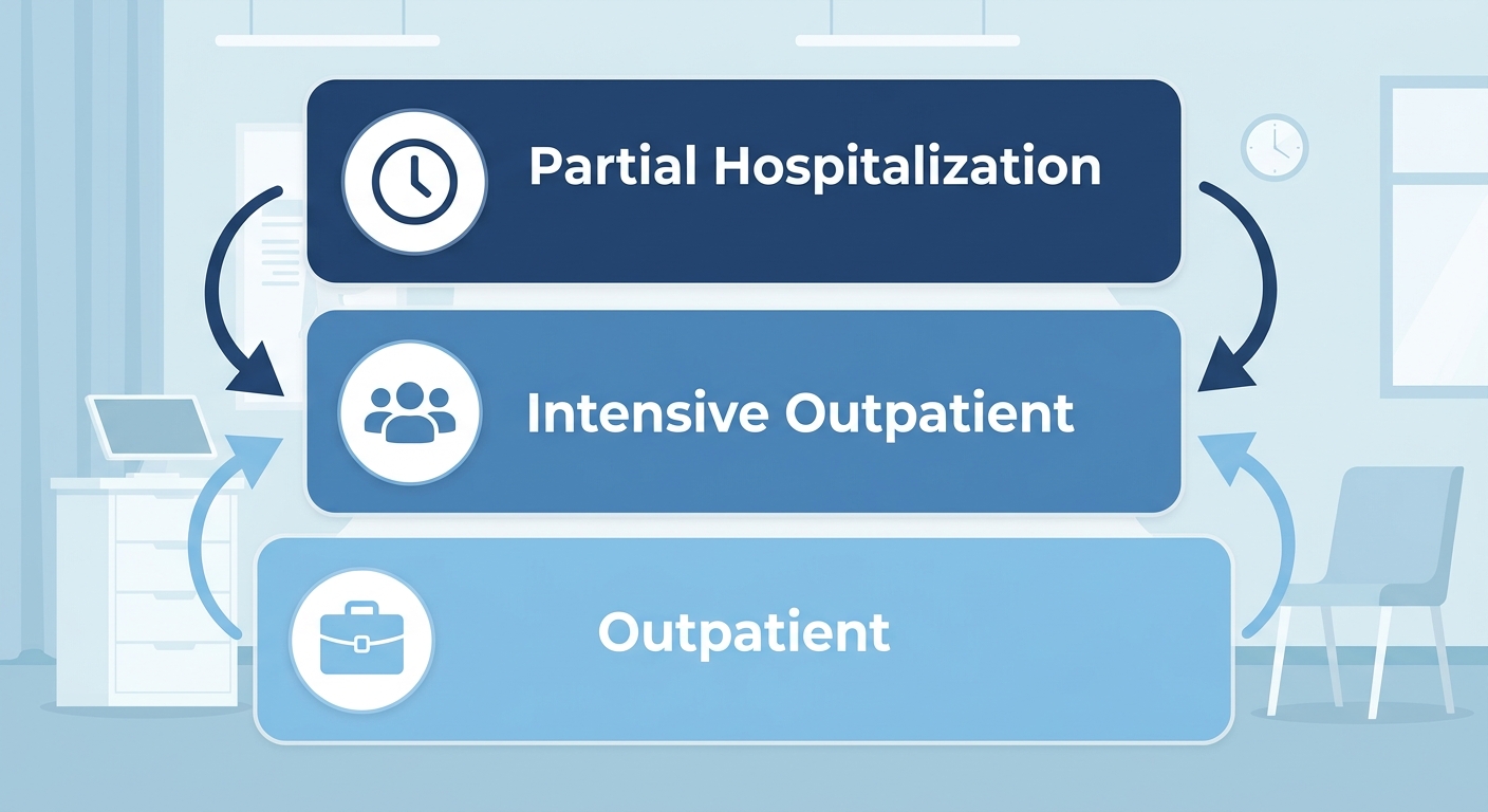 Three-tier addiction treatment continuum of care infographic showing Outpatient, Intensive Outpatient, and Partial Hospitalization with transition arrows.