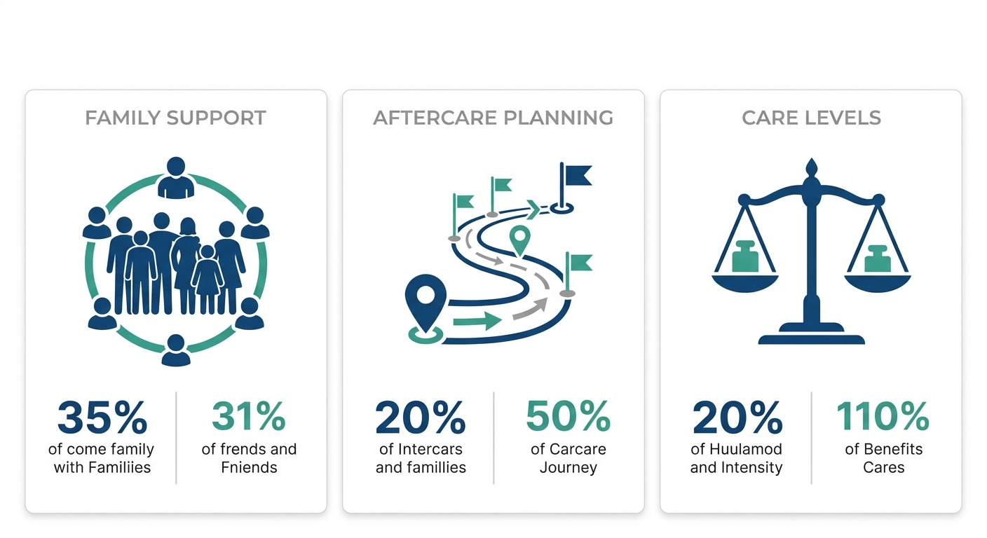 Recovery infographic showing three panels: family support, aftercare planning, and choosing the right level of care, designed for Rosewood Recovery