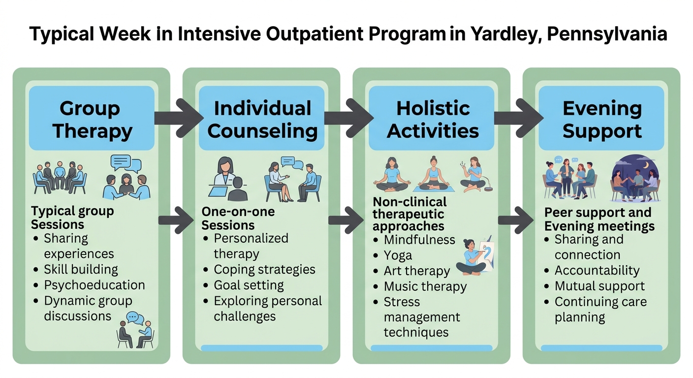 Four-step horizontal process flow for a week in an Intensive Outpatient Program, showing group therapy, individual counseling, holistic activities, and evening group support.