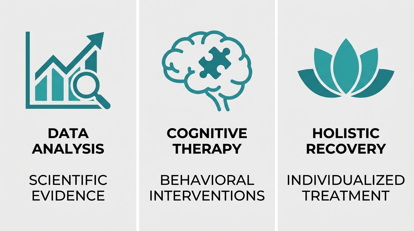 Infographic with three columns showing benefits of evidence-based addiction treatment: improved long-term recovery outcomes, comprehensive dual-diagnosis care, and holistic therapy, using teal icons on a gray background.