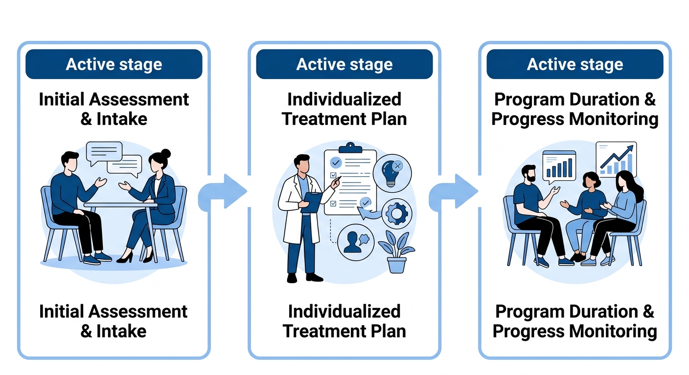 Three-stage horizontal process flow illustrating the alcohol rehab process in Langhorne, PA with assessment, treatment plan, and program monitoring stages