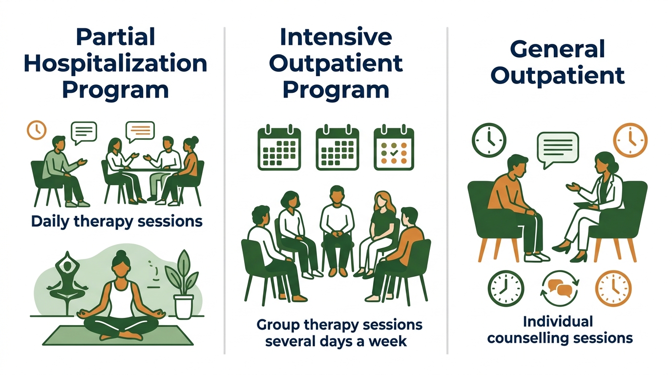 Three-panel infographic comparing Rosewood Recovery outpatient levels: Partial Hospitalization Program, Intensive Outpatient Program, and General Outpatient program with therapy icons and intensity labels