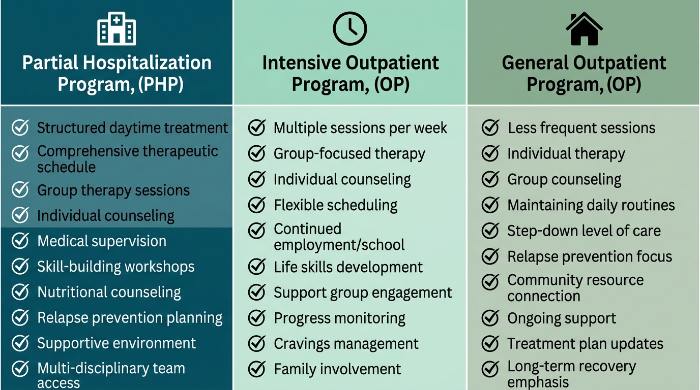 Comparison of three addiction treatment levels: PHP with building icon, IOP with clock icon, and OP with home icon, each with feature bullets in calming blues and greens