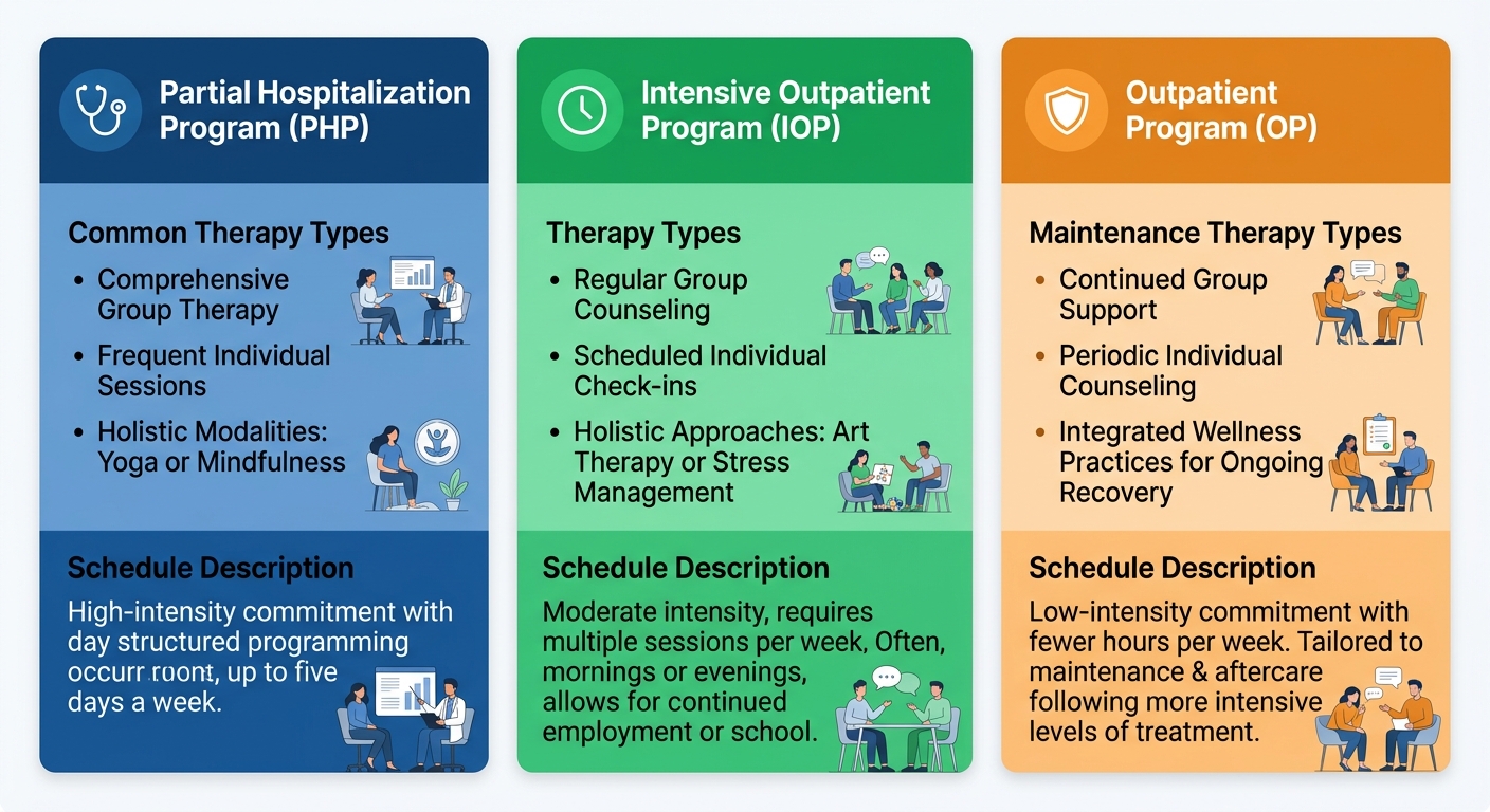 Comparison of PHP, IOP, and OP treatment programs with color-coded columns showing therapy types and schedule descriptions
