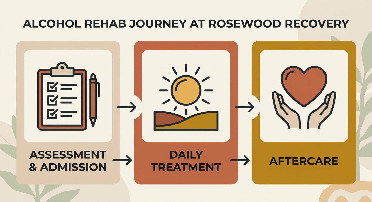 Horizontal process flow of three stages: Assessment & Admission, Daily Treatment, and Aftercare